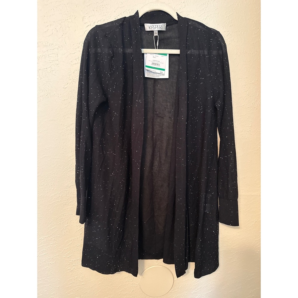 Kasper Womens Black Sequin Open Front Cardigan Sweater Size L New 10917217-224